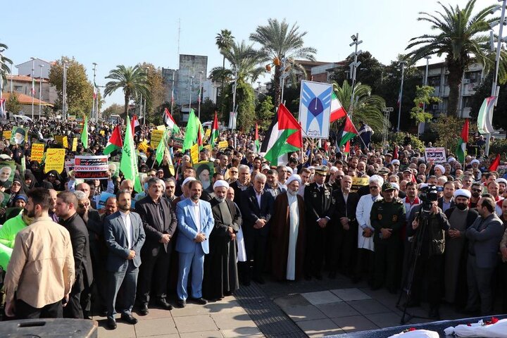 گزارش تصویری اجتماع با شکوه همبستگی با مردم مظلوم فلسطین و حمایت از کودکان بی پناه غزه با حضور استاندار گیلان